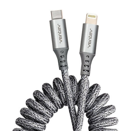 Ventev Chargesync Helix Coiled USB C to Apple Lightning Cable 3ft, Gray HC3-GRY252382